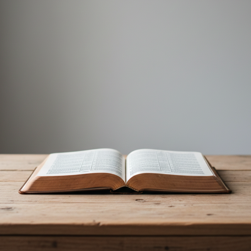 Open Bible on wooden table representing Reformed theology beliefs and doctrinal foundations