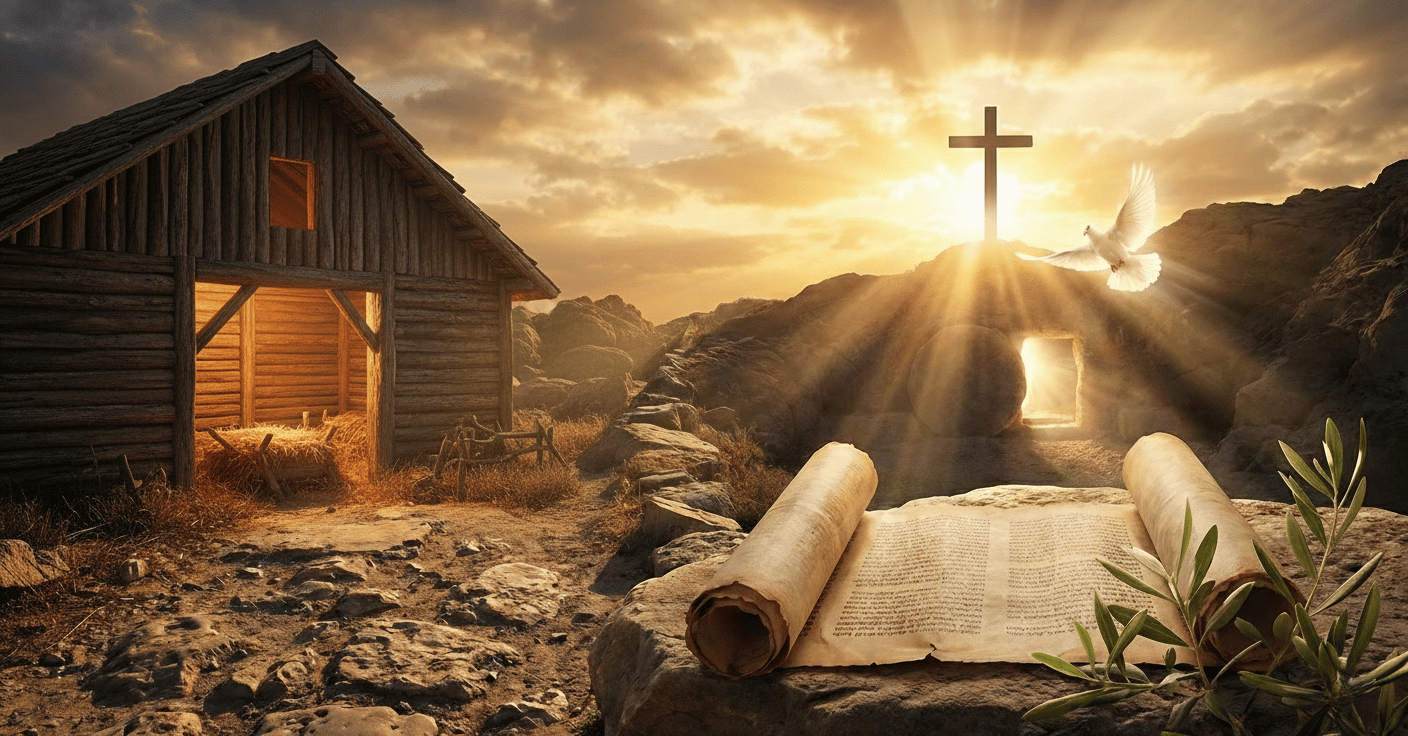 Biblical journey from cradle to cross showing nativity manger, empty tomb with light, cross with dove, and open scripture scroll depicting the Gospel story of Jesus Christ