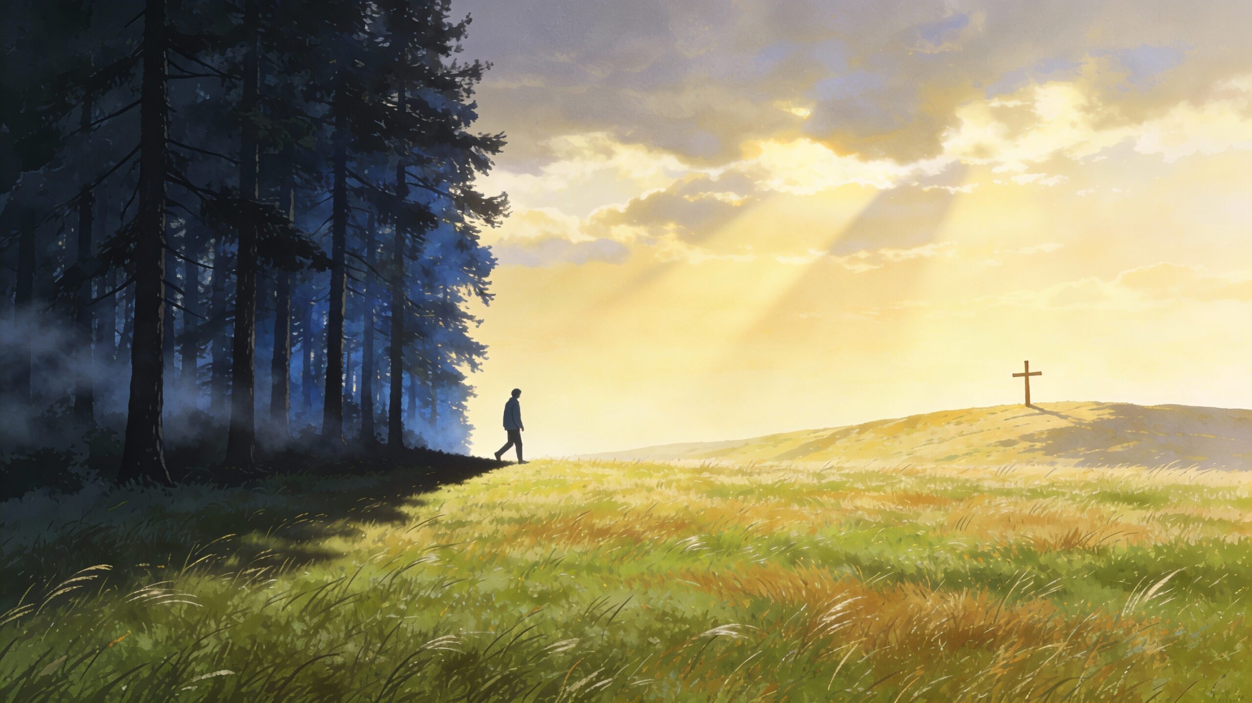 Person walking on path towards bright sunrise symbolizing new life and hope in Christ through repentance and belief in the gospel