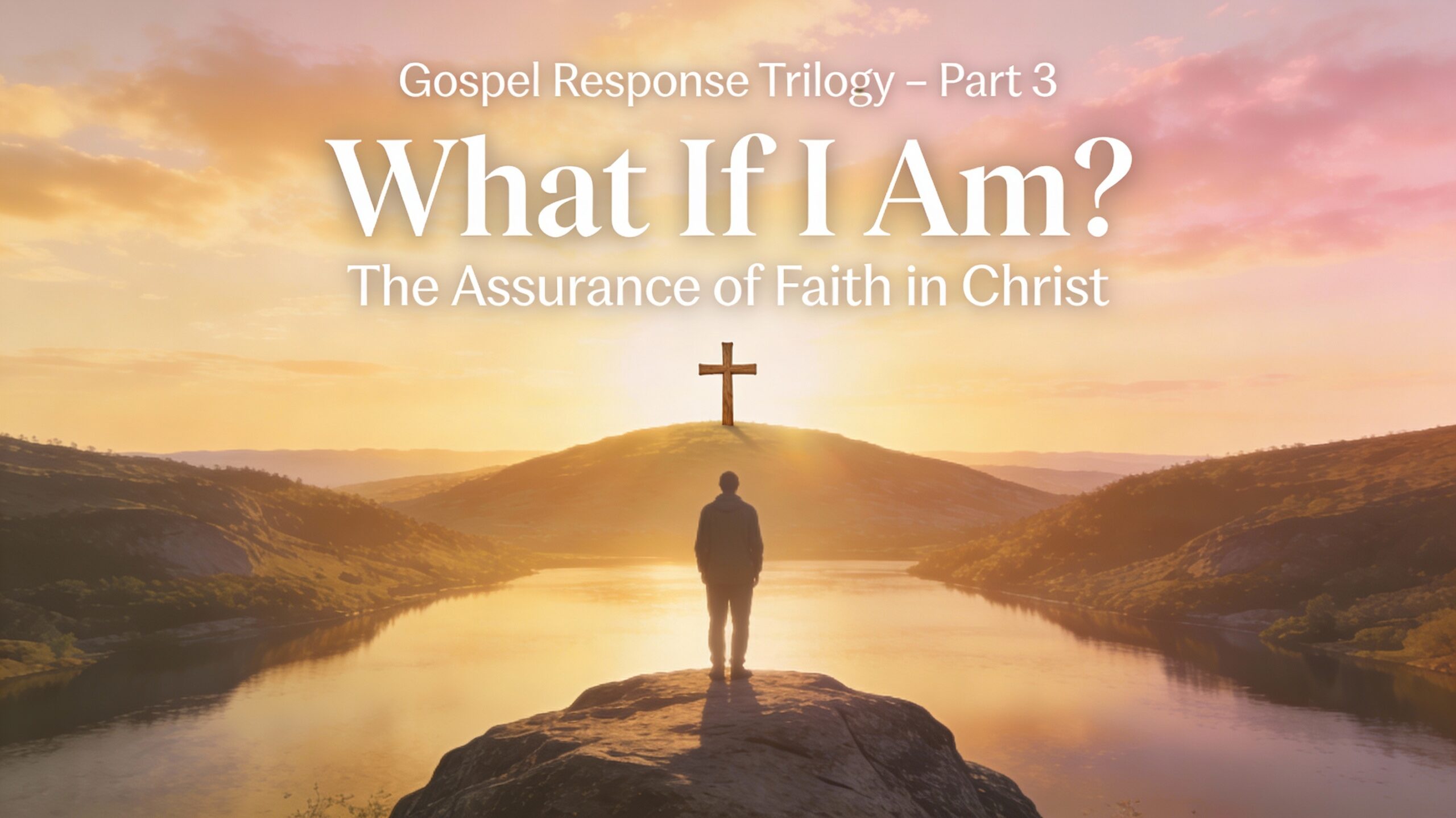 Person standing at crossroads with cross against golden sunrise representing the assurance of faith in Christ and choosing the path of salvation